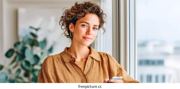 Woman using mobile phone near window