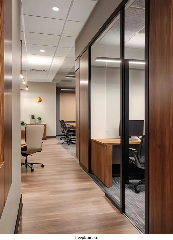 Modern Office Corridor with Glass Walls and Wooden Accents
