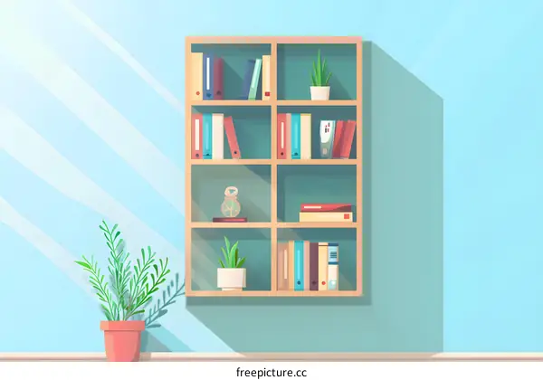 Wooden Bookcase With Green Plants and Books Illustration