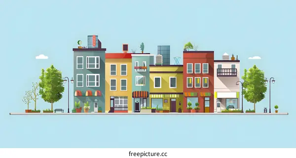 Colorful Street With Shops And Trees Illustration
