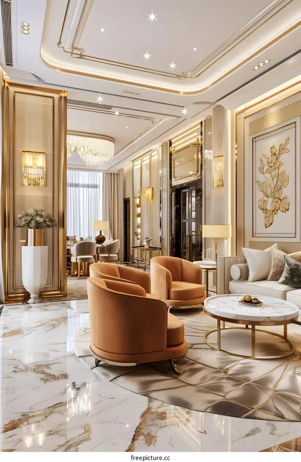 Modern Living Room Interior Design With Golden Accents