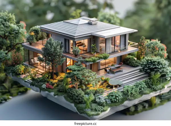 Miniature Modern House with Lush Garden