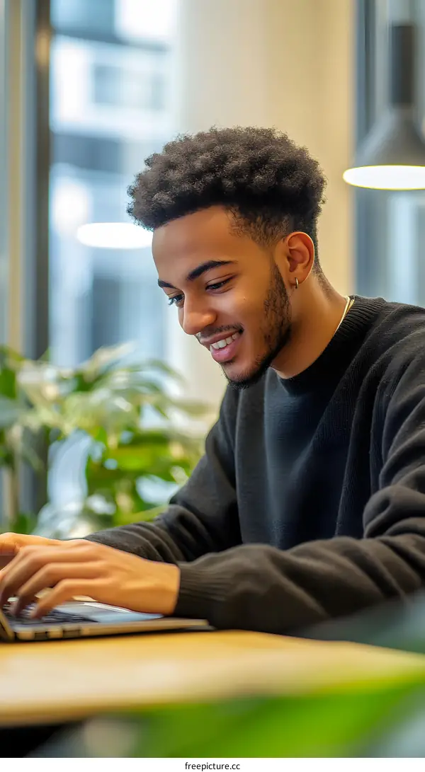 African American Man Working on Laptop in Office