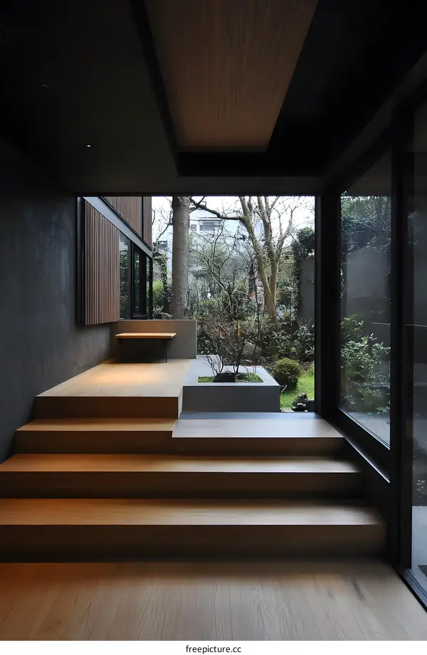 Modern Minimalist Home Interior with Wooden Stairs and Outdoor Garden View