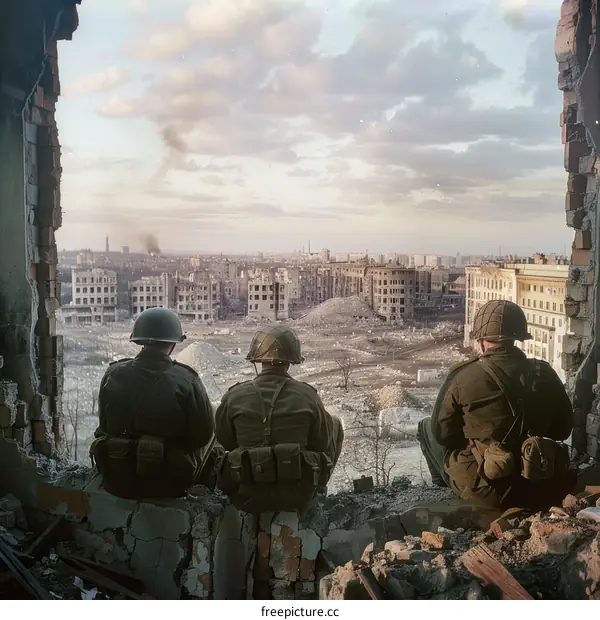 Three Soviet soldiers looking at the ruins of Stalingrad