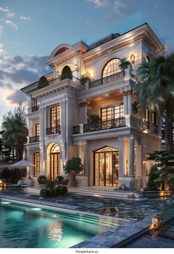 Luxury Mansion Exterior with Pool at Dusk