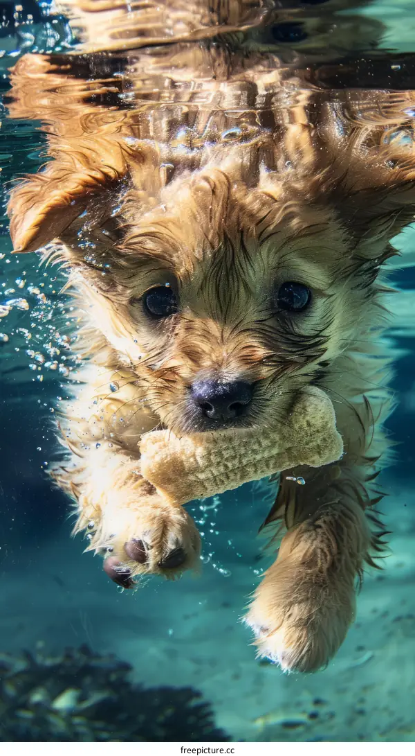 A cute puppy is swimming underwater with a toy in its mouth