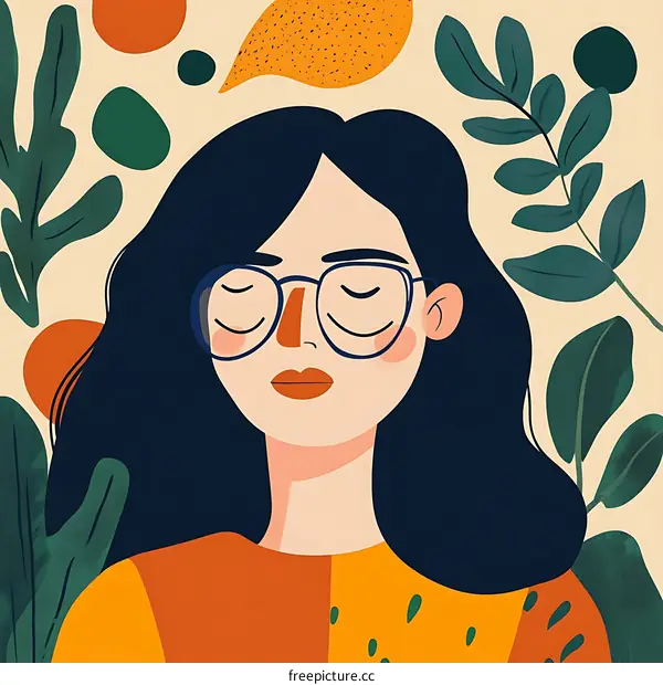 Woman with Glasses Surrounded by Leaves