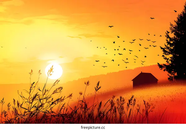 Sunset Sky Landscape with Silhouette of House, Trees, and Birds