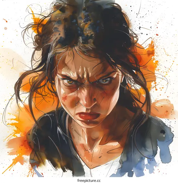 Angry Woman Watercolor Portrait Illustration