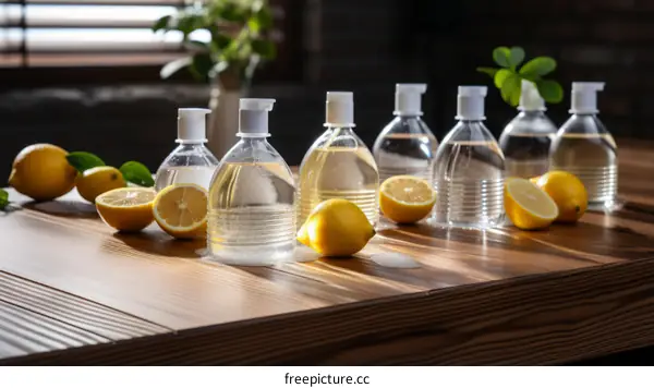 Transparent plastic bottles with lemon halves and leaves on a wooden table