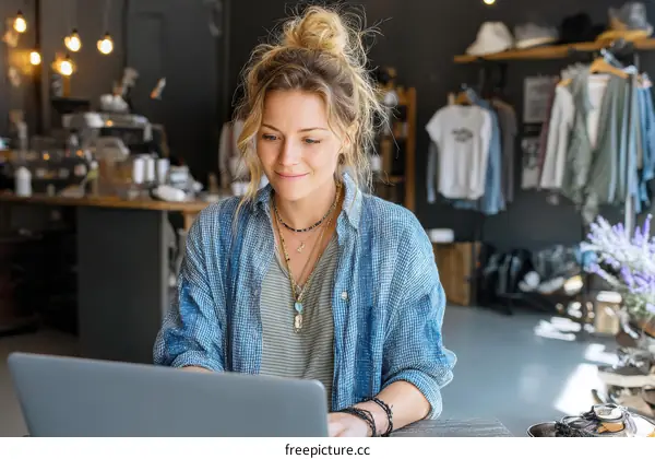 Woman Working on a Laptop in a Trendy Cafe
