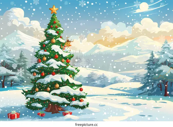 Winter Wonderland: Christmas Tree and Snow-Covered Landscape