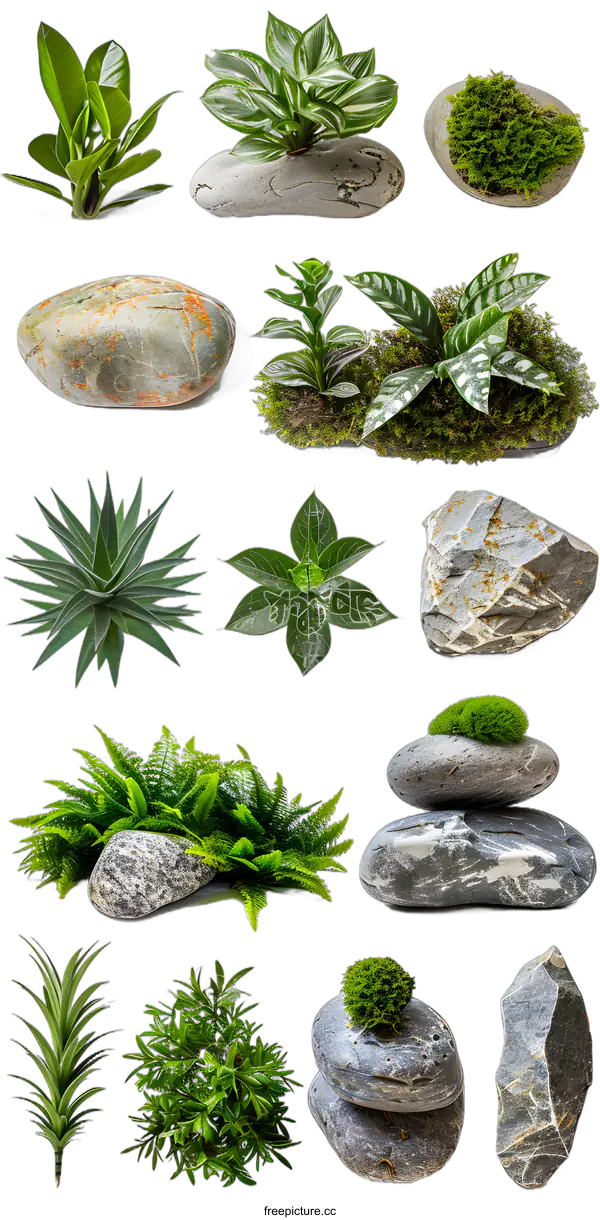 [Transparent Background PNG]Various Plants and Rocks on White Background
