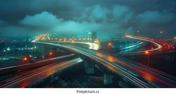 Urban Highway Interchange at Night with Light Trails
