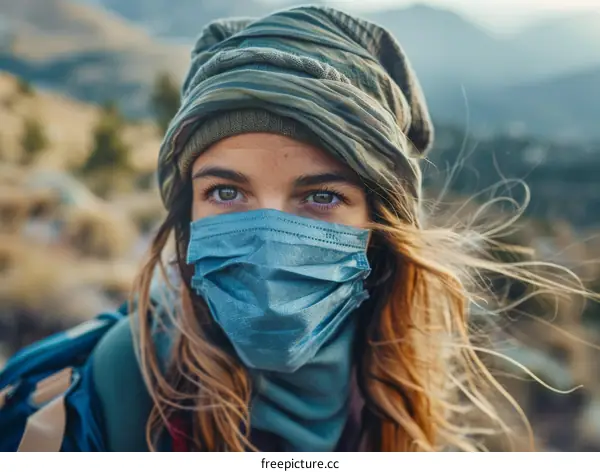 Close-up portrait of a masked caucasian woman in outdoors
