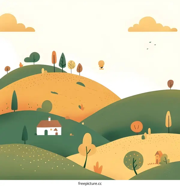 Autumn Landscape Illustration With Hills and Houses