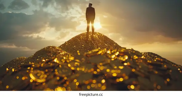 Businessman standing on top of a mountain of gold coins looking at the sunset