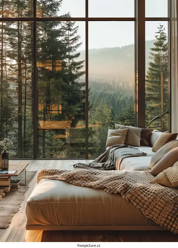 Modern bedroom interior with large windows overlooking forest landscape