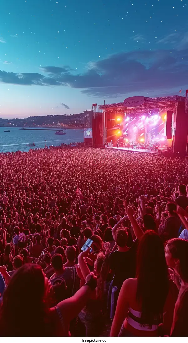 Nighttime outdoor music festival with large crowd