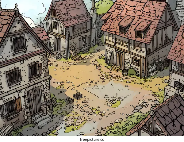 Medieval Town Illustration With Stone Houses