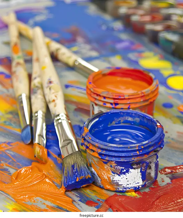 Paint Brushes and Paint Pots on Colorful Surface