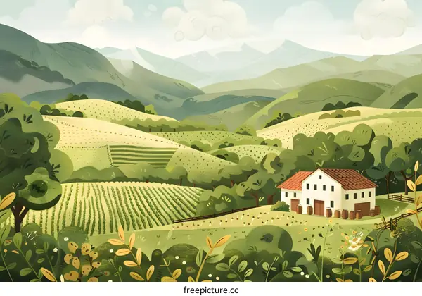 Green Hills Landscape with Farmhouse and Vineyard