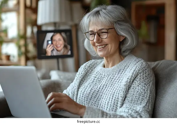 Senior woman video chatting with a friend on her laptop