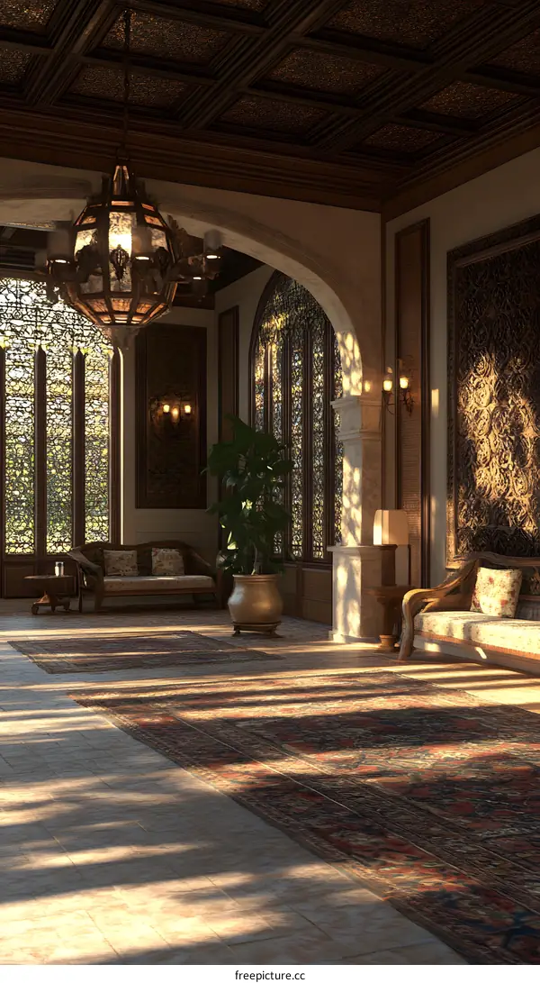 Ornate Interior Design with Carved Wood and  Patterned Rug