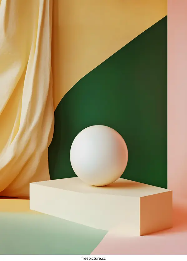 Abstract Minimalist Product Display with White Sphere and Draped Fabric