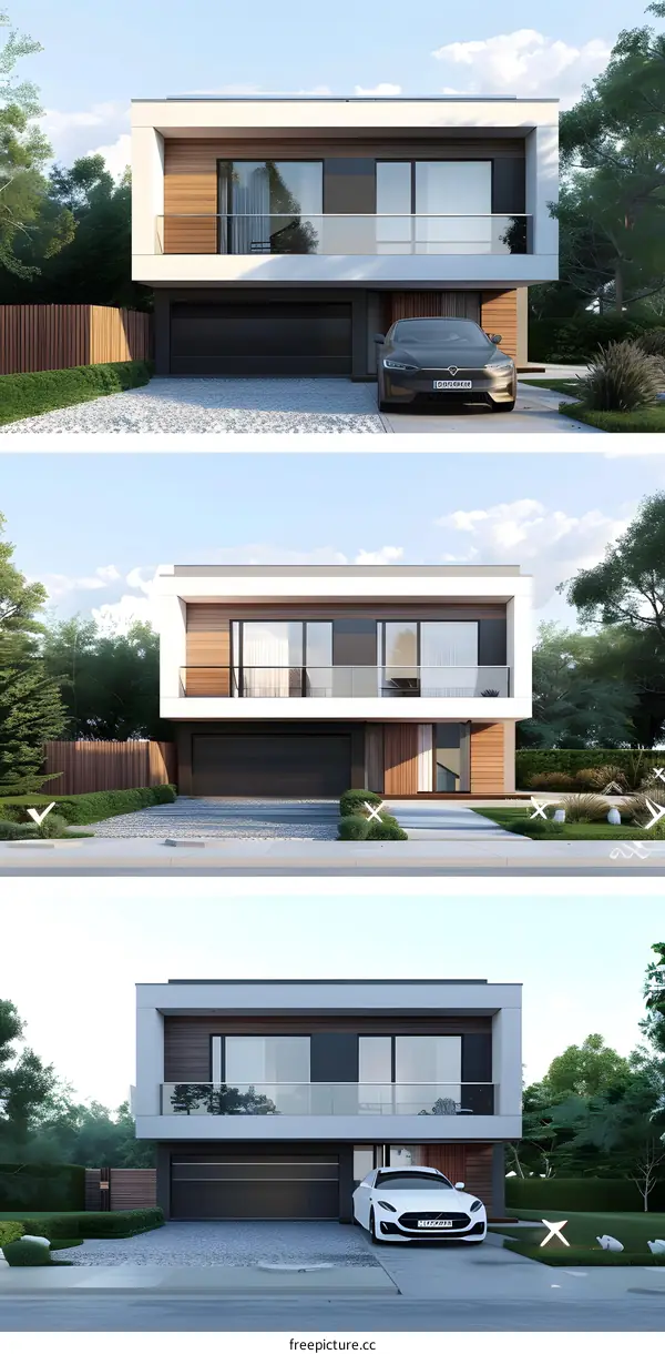 Modern House Exterior Design With Glass Balcony And Garage