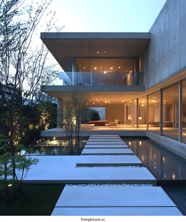 Modern Concrete House with Water Feature and Stone Pathway