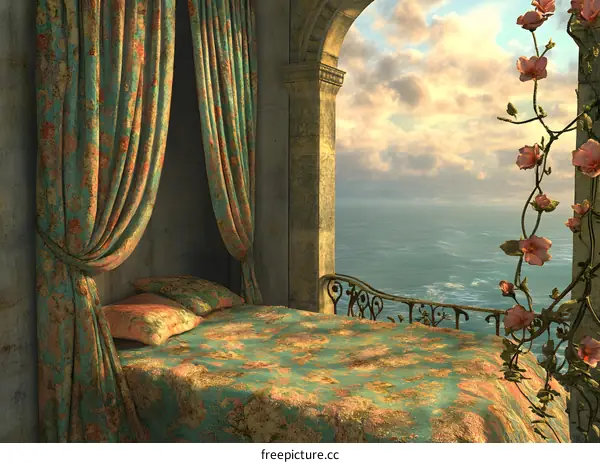 Floral Canopy Bed overlooking the Ocean