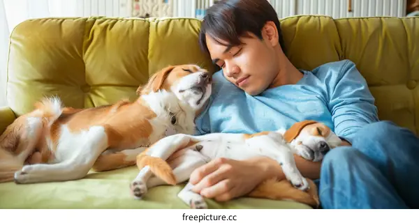 A young man is sleeping on a couch with two beagles