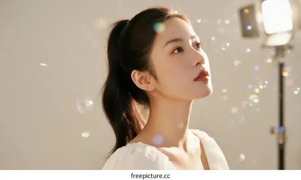 A Young Woman with Ponytail in Studio with Bubbles