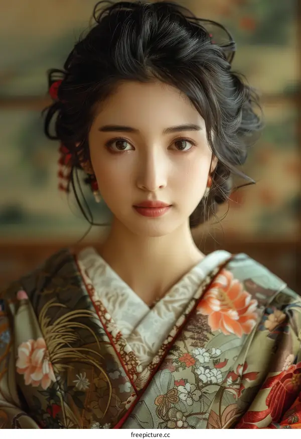 Portrait of a beautiful Asian woman in traditional Japanese kimono