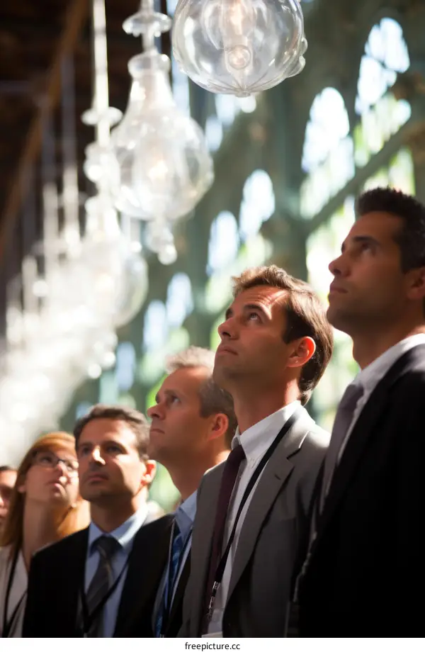 Business People Looking Up At Glass Sculpture