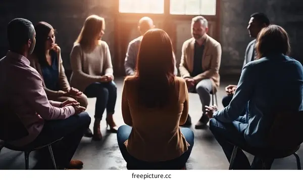 A group of diverse people sitting in a circle talking