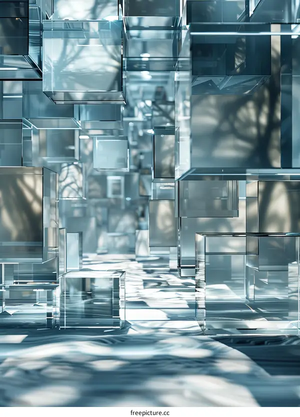 Abstract 3D rendering of a glass structure with blue and white colors