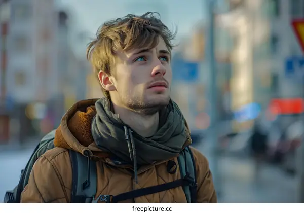 Young Man with Backpack Looking Up in the City
