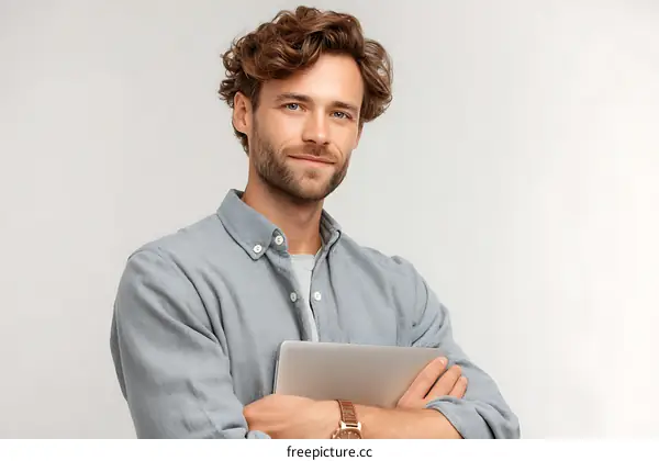 Confident Caucasian Man Holding Laptop Portrait