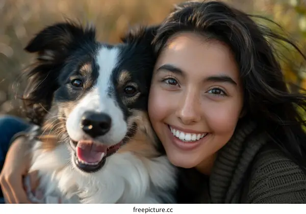 A young woman is smiling with her dog.