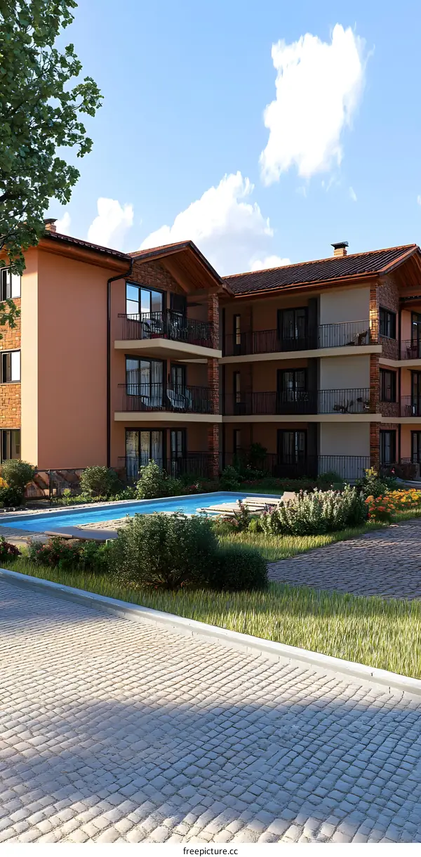 Modern Architectural Design Of Luxury Apartments Building With Swimming Pool