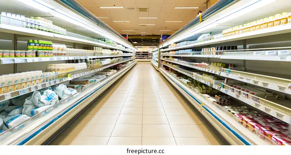 Empty Supermarket Aisle with Shelves of Products