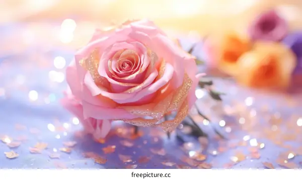 Pink rose with glitter laying on a table covered with purple glitter
