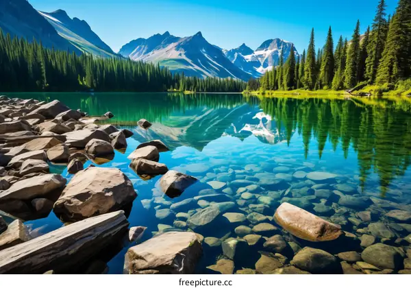 Stunning Mountain Lake with Emerald Waters and Rocky Foreground