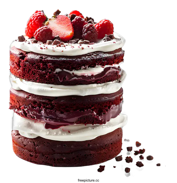 [Transparent Background PNG]A delicious red velvet cake with fresh raspberries and strawberries