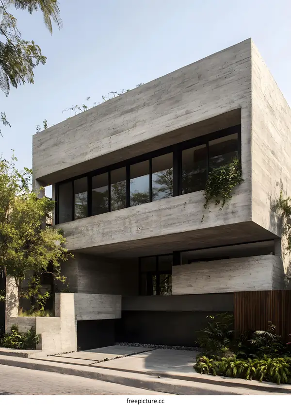 Modern Concrete House with Green Roof and Large Windows