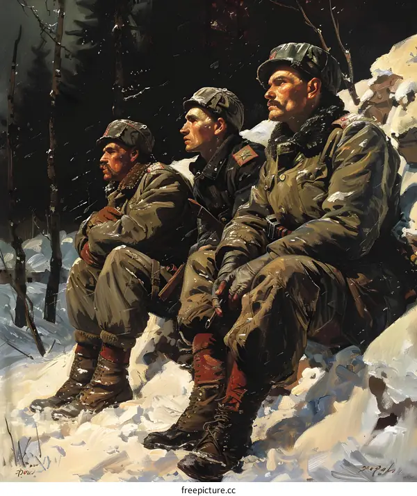 Three soldiers in winter forest