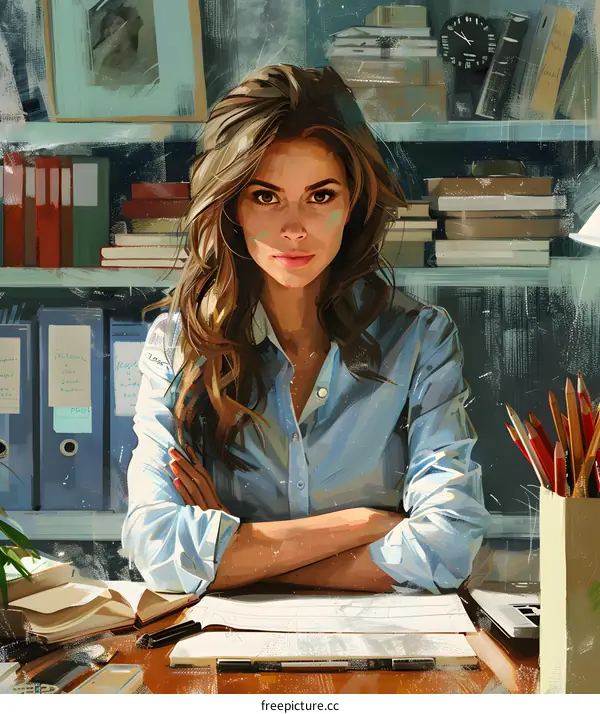 portrait of a beautiful young woman in a blue shirt sitting at a desk in an office